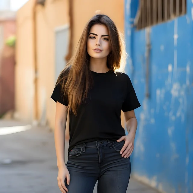 A young woman posing confidently in an urban alley while wearing a black stylish t-shirt for men and women, paired with dark jeans – showcasing minimalistic fashion for everyday wear
