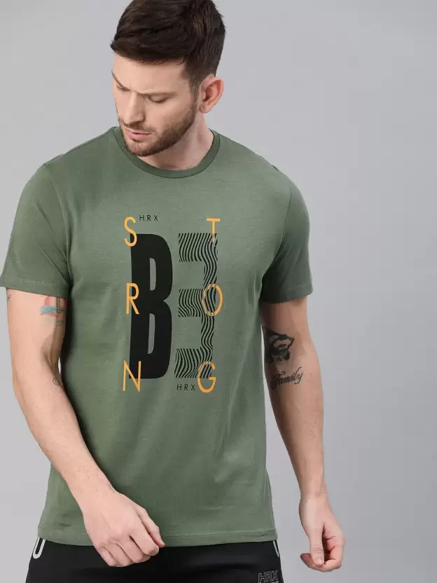 Stylish t-shirts for men and women – trendy olive green t-shirt with vertical graphic print, combining comfort and fashion